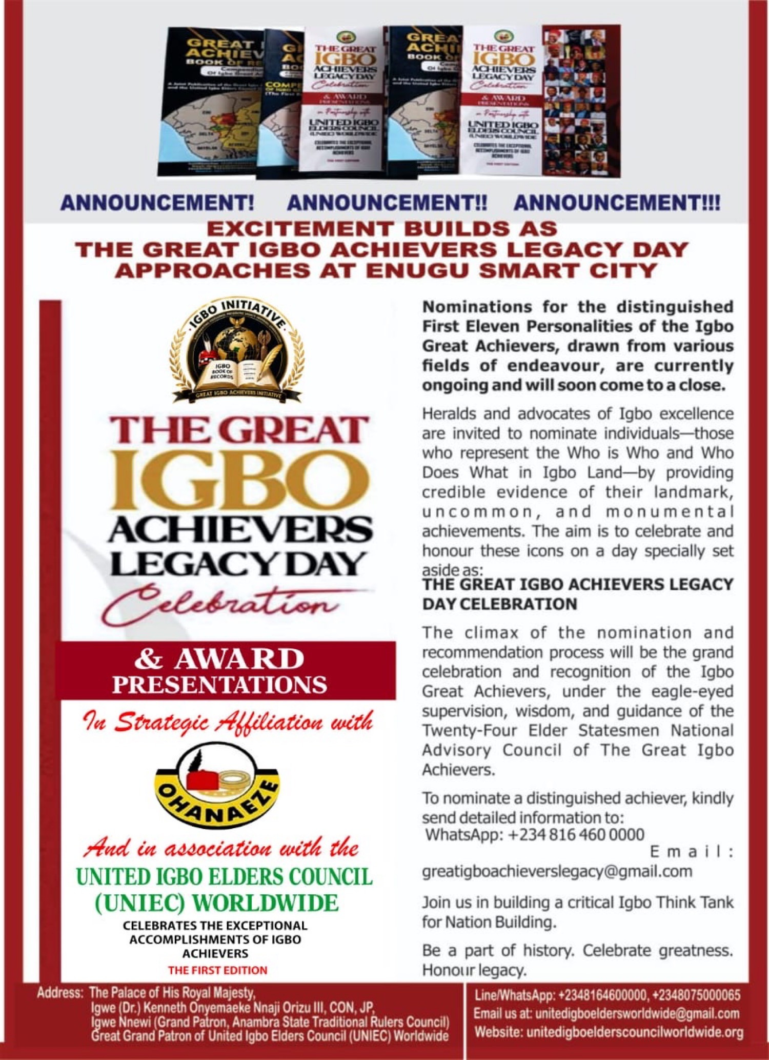Excitement builds as Legacy Day approaches at Enugu Smart City — the First Eleven personalities of Igbo Great Achievers.